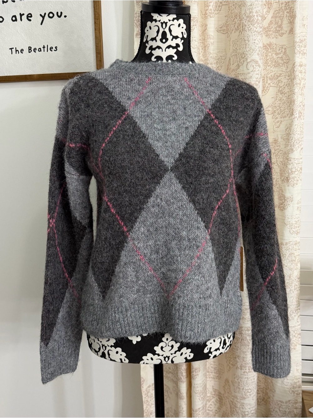 Cyrus Women's Gray Argyle Sweater with Pink Accents
